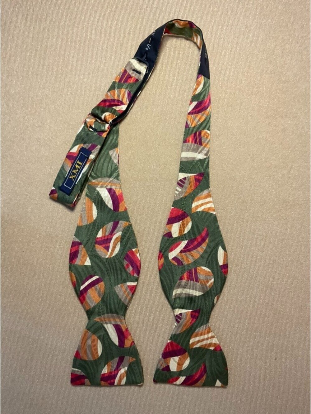 XMI Men's Silk Bow Tie Olive Orange Red Silver Abstract Design